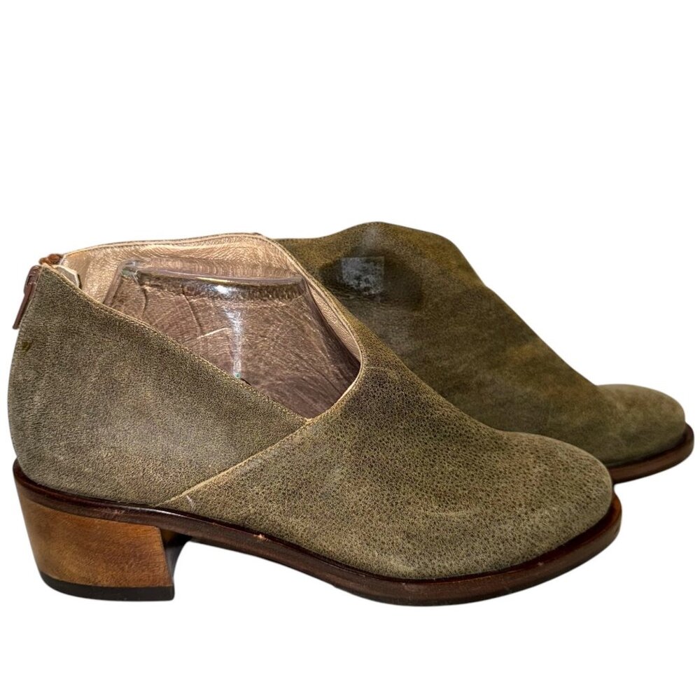 SALPY Handmade Ankle Booties 9 Taupe Green Distressed Leather Asymmetric Booties